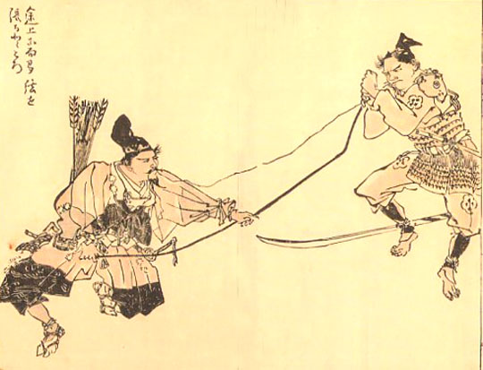 Slika iz 16. veka prikazuje da su za zatezanje tetive na yumi luku potrebna dvojica 