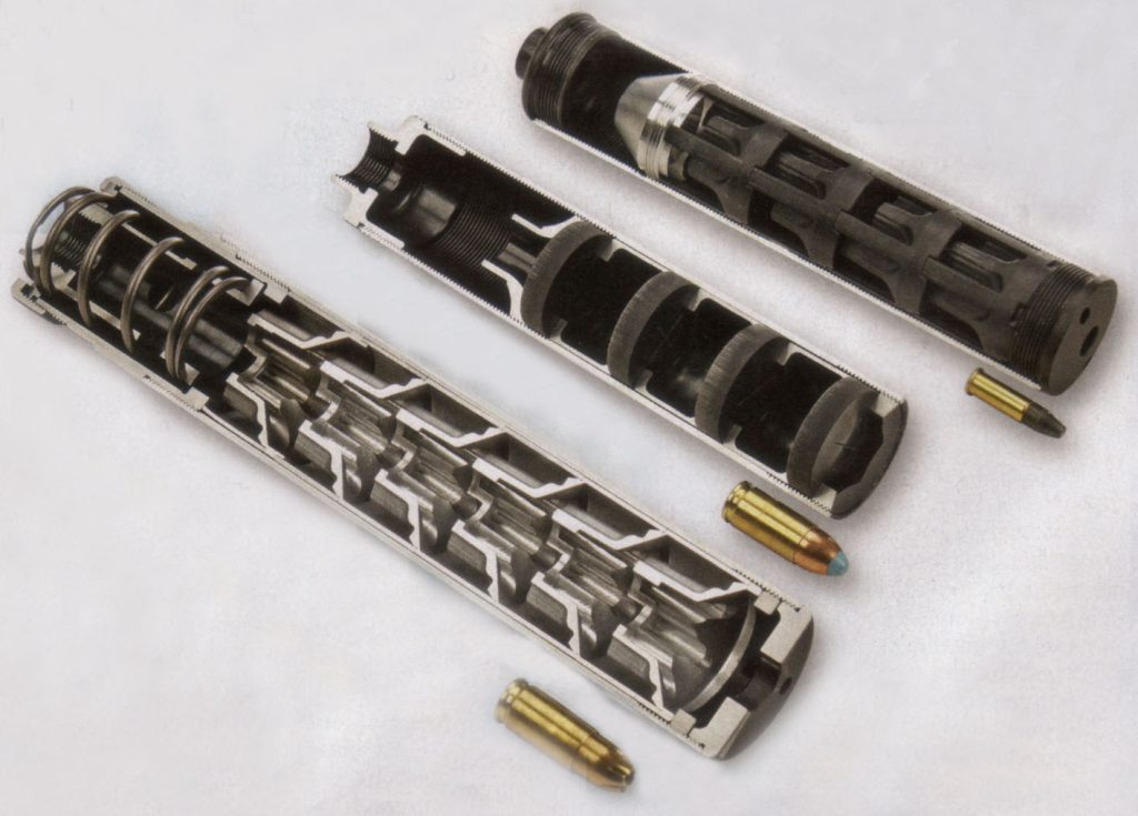 Moderni, lagani prigušivači firme Bruger & Thomet. Sasvim gore je HP 22 za kalibar .22 Long Rifle. U sredini je model ''džet'' za kalibar 9 mm Para, a sasvim dole ''Impuls 2A'' za isti kalibar.